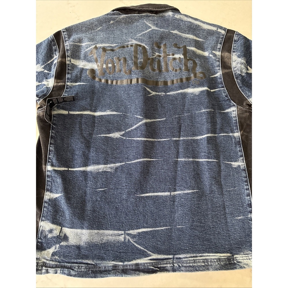 Von Dutch Denim Pusher Polo Shirt Mens M Blue Acid Wash Denim Y2K Street LOGO